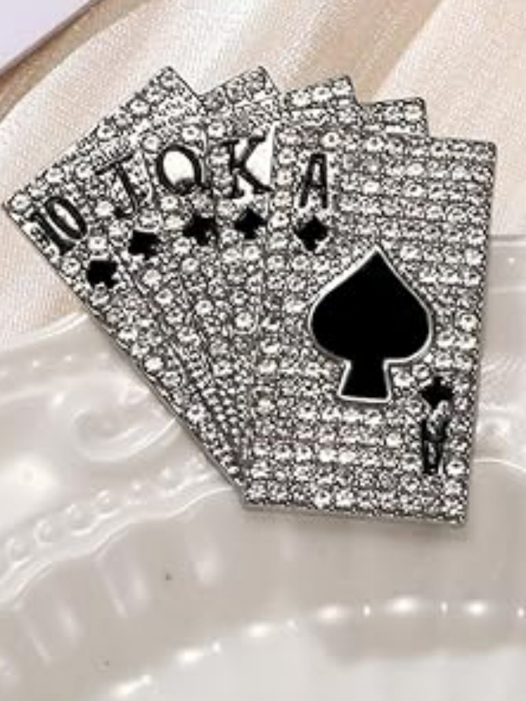 Poker Playing Cards Brooch Pin Silver With Lots Of Rhinestones Bling New